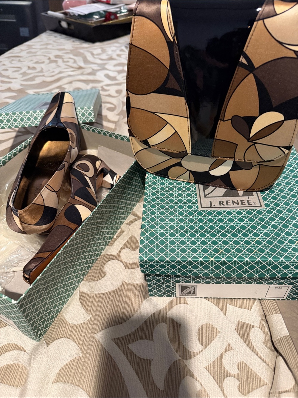 J.Renee Brown & Cream and Black Abstract Canvas heels and purse sold as a set